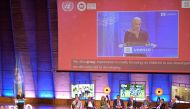 Minister of Education and Higher Education and Chairman of Qatar National Committee for Education, Culture and Science H E Buthaina bint Ali Al Jabr Al Nuaimi (first left) speaking during Transforming Education PreSummit in Paris.
