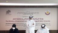 Minister of Environment and Climate Change H E Sheikh Dr. Faleh bin Nasser bin Ahmed bin Ali Al Thani witnessing signing of the contract by the Assistant Undersecretary for Environmental Protection Reserves & Wildlife Department, Dr. Ibrahim Al Maslamani, on behalf of the Ministry and Dr. Mariam Al Ali Al Maadeed, Vice-President for Research and Graduate Studies at Qatar University.

