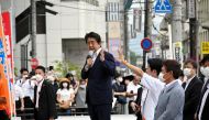 Former Japanese Prime Minister Shinzo Abe makes a speech before he was shot from behind by a man in Nara, western Japan, on July 8, 2022 in this photo taken by The Asahi Shimbun. (Reuters)

