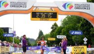 Peru's Kimberly Garcia Leon crosses the line to win the women's 35 kilometres race walk at the World Athletics Championships, in Eugene, Oregon, US, on July 22, 2022. (REUTERS/Aleksandra Szmigiel)