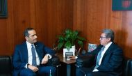 Deputy Prime Minister and Minister of Foreign Affairs H E Sheikh Mohammed bin Abdulrahman Al Thani meeting with Minister of Foreign Affairs of the United Mexican States H E Marcelo Ebrard Casaubon. 
