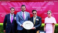 Qatar Olympic Committee President H E Sheikh Joaan bin Hamad Al Thani crowns the winner of the Gr1 Qatar Nassau Stakes after Hollie Doyle guided Nashwa to win the 10-furlong showpiece at Qatar Goodwood Festival, yesterday.