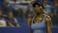 Aug 1, 2022; Washington, DC, USA; Venus Williams (USA) reacts after losing a point against Rebecca Marino (CAN) (not pictured) on day one of the Citi Open at Rock Creek Park Tennis Center. Mandatory Credit: Geoff Burke-USA TODAY Sports