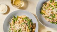 Fresh Pasta with Artichokes, Asparagus and Lemon-Mint Ricotta. Photo by Rey Lopez for The Washington Post.
