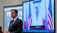 U.S. Secretary of State Antony Blinken attends a virtual joint news conference with Philippine Secretary of Foreign Affairs Enrique Manalo at the Peninsula Hotel in Manila, Philippines, August 6, 2022. Andrew Harnik/Pool via REUTERS