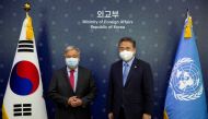UN Secretary-General Antonio Guterres and South Korean Foreign Minister Park Jin at the Foreign Ministry, in Seoul, South Korea, August 12, 2022. (Jeon Heon-Kyun/Pool via REUTERS)