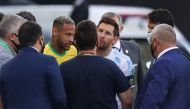 File Photo: Argentina's Lionel Messi and Brazil's Neymar are seen as play is interrupted after Brazilian health officials objected to the participation of Argentine players they say broke quarantine rules, at the Arena Corinthians, Sao Paulo, Brazil, September 5, 2021. (REUTERS/Amanda Perobelli)