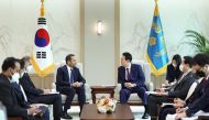 Deputy Prime Minister and Minister of Foreign Affairs H E Sheikh Mohammed bin Abdulrahman Al Thani and President of the Republic of Korea H E Yoon Suk-yeol during a meeting in Seoul, yesterday.