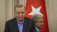 Turkish President Tayyip Erdogan and UN Secretary-General Antonio Guterres arrive for a joint news conference with Ukrainian President Volodymyr Zelenskiy following their meeting in Lviv, Ukraine, August 18, 2022. (REUTERS/Gleb Garanich)