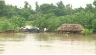 Huts get partially submerged in floodwater following heavy rains in Jagatsinghpur, Odisha, India August 20, 2022, in this screen grab obtained from a video. ANI via Reuters