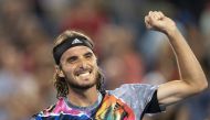 Stefanos Tsitsipas (GRE) celebrates after defeating Daniil Medvedev (RUS) at the Western & Southern Open at the Lindner Family Tennis Center. Susan Mullane-USA TODAY Sports