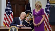 Bipartisan Safer Communities Act into law from the Roosevelt Room at the White House as first lady Jill Biden stands next to him in Washington, U.S., June 25, 2022. REUTERS/Elizabeth Frantz/File Photo

