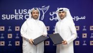 Hassan Al Kuwari, Marketing Director, FIFA World Cup Qatar 2022 LLC and Ahmed Al Sada, Director – CEO Office and Public Relations, Qatari Diar during a press conference yesterday.  
