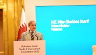 Pakistan Prime Minister H E Shehbaz Sharif addressing the Pakistan-Qatar Trade and Investment Roundtable 2022 in Doha, yesterday.
