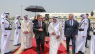 Prime Minister of Pakistan H E Shehbaz Sharif being welcomed by Minister of Transport H E Jassim bin Saif Al Sulaiti at Doha International Airport, in Doha, yesterday. 