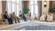 Amir H H Sheikh Tamim bin Hamad Al Thani meeting Prime Minister of Pakistan H E Shehbaz Sharif and the accompanying delegation at the Amiri Diwan yesterday. Prime Minister and Minister of Interior H E Sheikh Khalid bin Khalifa bin Abdulaziz Al Thani, and Deputy Prime Minister and Minister of State for Defence Affairs H E Dr. Khalid bin Mohamed Al Attiyah are also seen. 

