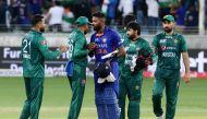 India’s Hardik Pandya shakes hands with Pakistan players after the match. 