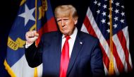 Former US President Donald Trump makes a fist while reacting to applause after speaking at the North Carolina GOP convention dinner in Greenville, North Carolina, on June 5, 2021.  File Photo / Reuters
