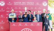 Qatar's Ambassador to France, H E Sheikh Ali bin Jassim Al Thani, with the connection of Berneuil during the presentation ceremony after the Antoine Gilbert-owned gelding won the Qatar Prix du Petit Couvert (Gr.3).
