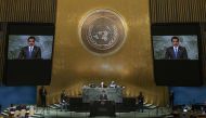 Amir H H Sheikh Tamim bin Hamad Al Thani addressing 77th Session of the United Nations General Assembly, at UN headquarters in New York, US, on Tuesday.  
