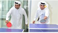 Qatar University President Dr. Hassan Rashid Al Derham and QU Sports Federation President Dr. Ibrahim Al Nuaimi play table tennis at the event.