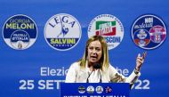Fratelli D'Italia (Brothers of Italy) leader Giorgia Meloni speaks at the closing event of the electoral campaign in Piazza del Popolo, ahead of the September 25 general election, in Rome on September 22, 2022. REUTERS/Guglielmo Mangiapane