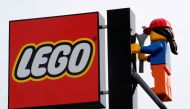 The Lego logo is pictured above the main gate of the Legoland New York Resort theme park in Goshen, New York, U.S., April 28, 2021. REUTERS/Mike Segar/File Photo