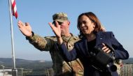 US Vice President Kamala Harris stands at military observation post as she visits the demilitarized zone (DMZ) separating the two Koreas, in Panmunjom, South Korea, on September 29, 2022. (REUTERS/Leah Millis)