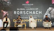 Legendary Indian actor Mammootty (second left), Abdul Samad, Chairman, Truth Global Films & Truth Group (third left), Rashid, Regional Director, Truth (left), and R J Sooraj, Regional Manager, Truth Global Films, during the global launch of ‘Rorschach’ movie at a function held at the Grand Hyatt Doha. PIC: Salim Matramkot/The Peninsula