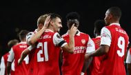 Arsenal's Fabio Vieira celebrates scoring their third goal with teammates during the Europa League match against Bodo/Glimt at the Emirates Stadium, London, Britain, on  October 6, 2022.  REUTERS/David Klein