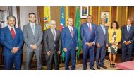 President of Namibia H E Dr. Hage Gottfried Geingob (fourth right); Minister of State for Energy Affairs H E Saad Sherida Al Kaabi (fourth left); and other officials during a meeting in Windhoek yesterday. 