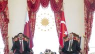 Amir H H Sheikh Tamim bin Hamad Al Thani and President of Turkiye H E Recep Tayyip Erdogan during a bilateral meeting at Dolmabahce Palace, Istanbul, yesterday.