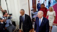 US President Joe Biden and Jill Biden host former US President Barack Obama and Michelle Obama for the unveiling of their official White House portraits in the East Room of the White House, in Washington, US, on September, 7, 2022.  File Photo / Reuters