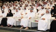 Prime Minister and Minister of Interior H E Sheikh Khalid bin Khalifa bin Abdulaziz Al Thani attending a session at the forum yesterday. Minister of Awqaf and Islamic Affairs H E Ghanem bin Shaheen bin Ghanem Al Ghanem (front row first right); Minister of Sports and Youth H E Salah bin Ghanem Al Ali (third right); Minister of Education and Higher Education H E Buthaina bint Ali Al Jabr Al Nuaimi (fourth right); and other officials are also present.  