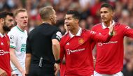 Manchester United's Cristiano Ronaldo reacts before he is shown a yellow card by referee Craig Pawson at the Premier League - Manchester United v Newcastle United, Old Trafford, Manchester, Britain, October 16, 2022. (REUTERS/David Klein)