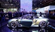 French President Emmanuel Macron views the DS E-Tense Performance car at the 2022 Paris Auto Show in France, October 17, 2022. (REUTERS/Gonzalo Fuentes)