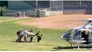 Author Salman Rushdie is transported to a helicopter after he was stabbed on stage before his scheduled speech at the Chautauqua Institution, Chautauqua, New York, US, on August 12, 2022, in this screengrab taken from a social media video.  File Photo / Reuters