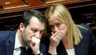 Italy's Prime Minister Giorgia Meloni and Deputy Prime Minister and Infrastructure Minister Matteo Salvini attend the lower house of parliament ahead of a confidence vote for the new government, in Rome, Italy, on October 25, 2022. REUTERS/Remo Casilli