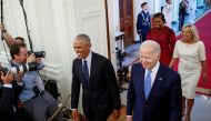 US President Joe Biden and first lady Jill Biden host former US President Barack Obama and former first lady Michelle Obama for the unveiling of their official White House portraits, painted by Robert McCurdy and Sharon Sprung, respectively, in the East Room of the White House, in Washington, US, on September, 7, 2022. File Photo / Reuters