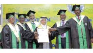 Ambassador of Qatar to Somalia H E Hassan bin Hamza Hashim receiving an honorary doctorate by Mogadishu University officials. 