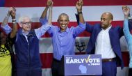 Former US President Barack Obama stumps for Wisconsin Governor Tony Evers (left) and Democratic candidate for US senate in Wisconsin Mandela Barnes in Milwaukee, Wisconsin, on October 29, 2022. Evers and Barnes, who currently serves as the state's lieutenant governor, are both facing close mid-term races. Scott Olson/Getty Images/AFP