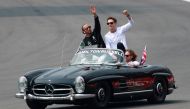 Mexico City Grand Prix - Autodromo Hermanos Rodriguez, Mexico City, Mexico - October 30, 2022 Mercedes' Lewis Hamilton and George Russell during the drivers' parade ahead of the race REUTERS/Henry Romero