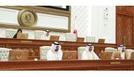 Speaker of the Shura Council H E Hassan bin Abdullah Al Ghanim (top right) chairing the Shura Council meeting in Tamim bin Hamad Hall at the council’s headquarters.