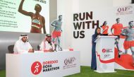 Chief Commercial Officer at Ooredoo, Sheikh Nasser bin Hamad bin Nasser Al Thani, and Qatar Athletics Federation President Mohammed Al Fadala during the press conference.