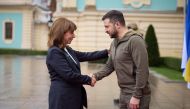 Ukraine's President Volodymyr Zelenskiy welcomes Greek President Katerina Sakellaropoulou in Kyiv, Ukraine, November 3, 2022. (Ukrainian Presidential Press Service/Handout via REUTERS)