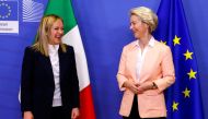 Italian Prime Minister Giorgia Meloni and European Commission President Ursula von der Leyen interact at the EU Commission headquarters in Brussels, Belgium, on November 3, 2022. REUTERS/Yves Herman