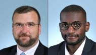 This combination of pictures created on November 3, 2022 shows portraits of MP Gregoire de Fournas and MP Carlos Martens Bilongo. (ASSEMBLEE NATIONALE / AFP) 