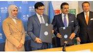 GOPAC President H E Dr. Ali bin Fetais Al Marri (second right); UN Assistant Secretary-General and Executive Director of UNITAR H E Nikhil Seth (second left); and Permanent Representative of Qatar to the United Nations in Geneva H E Dr. Hind bint Abdulrahman Al Muftah (first left) at the agreement signing. 