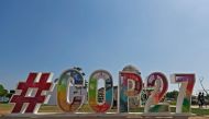A picture shows an artwork at the Green Zone during the COP27 climate summit at the Sharm El Sheikh International Convention Centre, in Egypt's Red Sea resort of the same name, on November 7, 2022. (Photo by Mohammed ABED / AFP)