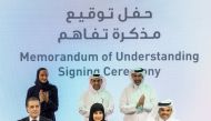 Minister of Environment and Climate Change H E Sheikh Dr. Faleh bin Nasser bin Ahmed bin Ali Al Thani (first right back row);Vice-Chairperson and CEO of Qatar Foundation H E Sheikha Hind bint Hamad Al Thani (first left) and President of Qatar University Dr. Hassan Al Derham (centre) witnessing the signing ceremony.  Assistant Undersecretary for Protection Affairs and Natural Reserves at MoECC Dr. Ibrahim Al Maslamani (first row right), Professor Mariam Al Ali Al Maadeed, Vice-President for Research and Graduate Studies at Qatar University (centre) and Executive Director of Earthna Dr. Gonzalo Castro de la Mata (first left) during the signing of the agreement.